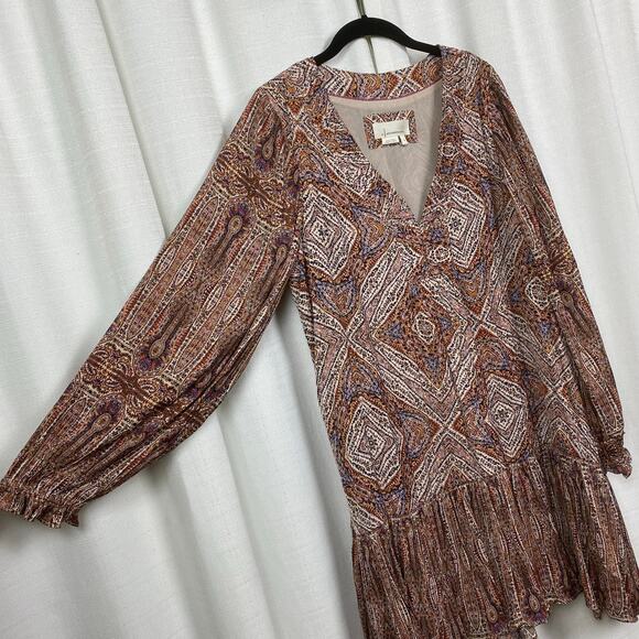 Anthropologie Brown Print Sabia Flounced Tunic Dress Sz.M - Picture 9 of 16